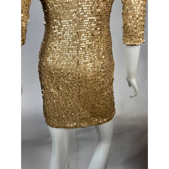 Fredericks Of Hollywood Gold Sequin Dress With 3/4 Sleeves & Low Back Design Siz - Picture 12 of 16